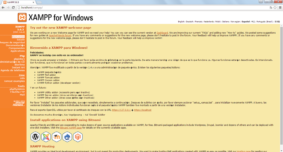 XAMPP for Windows, página de inicio