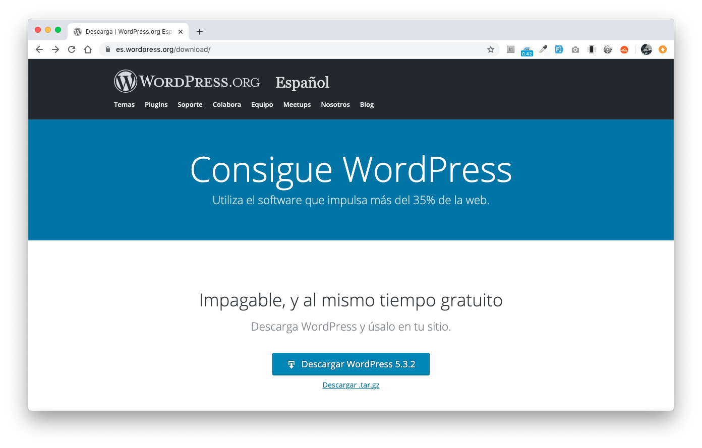 Página de bienvenida de WordPress