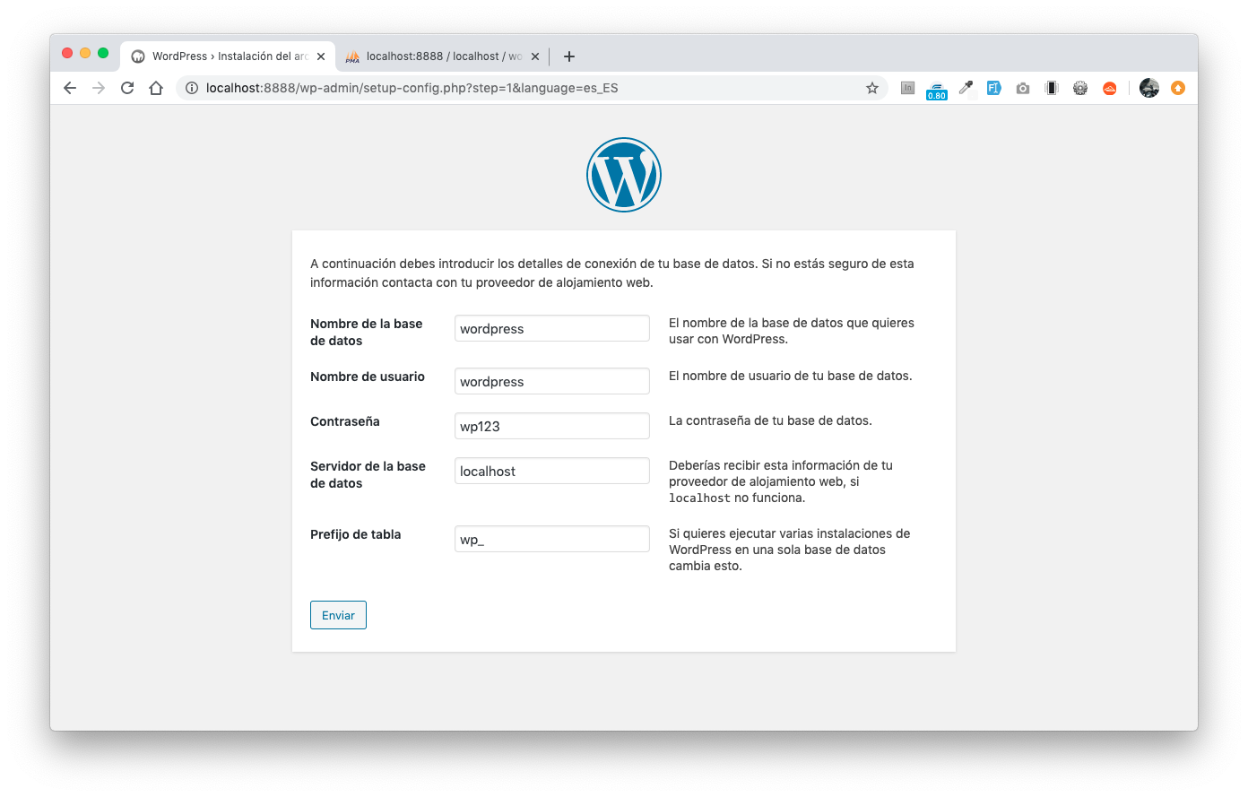 WordPress - registro de datos de conexión.