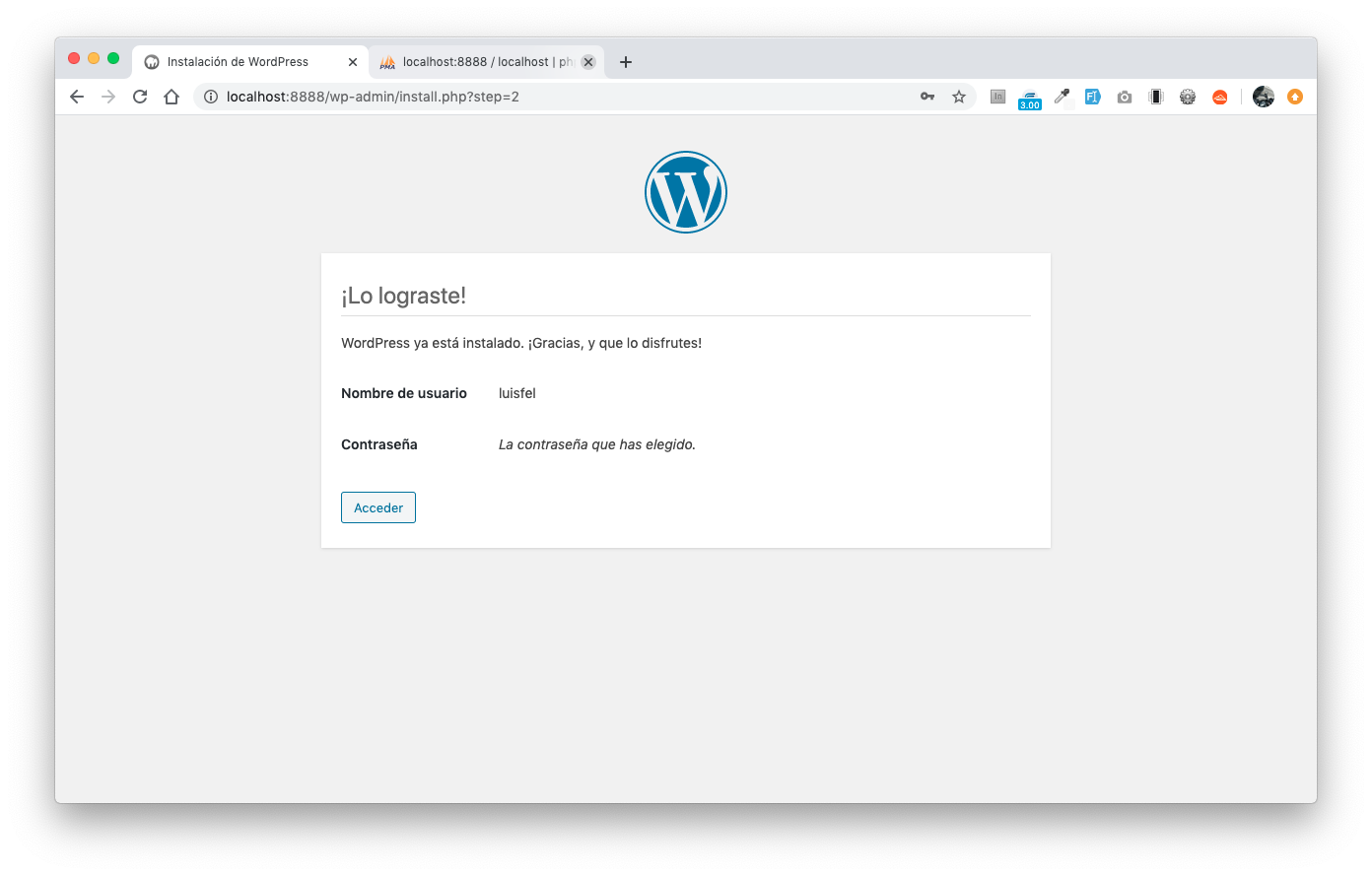 WordPress - Configuración exitosa
